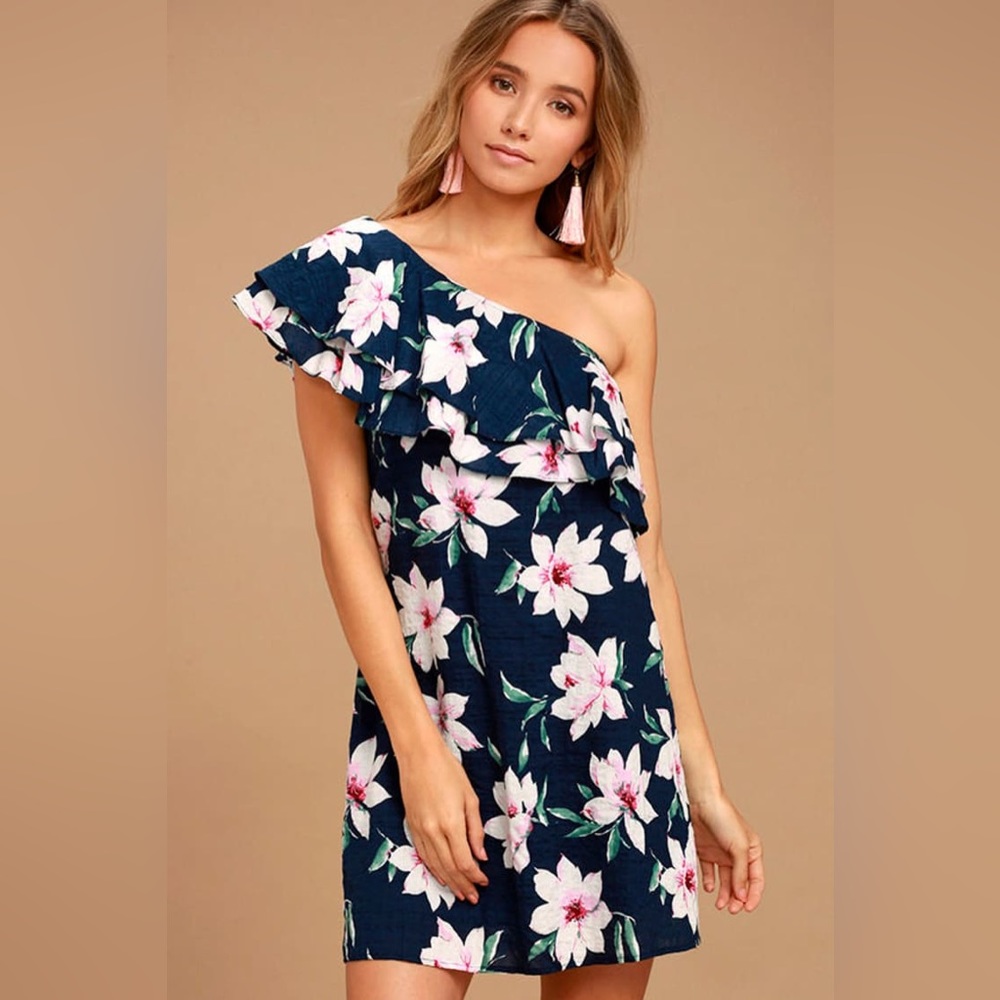 LULUs Navy Blue Floral Print One Shoulder Dress Size XS